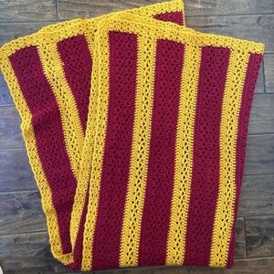Vintage Handmade Crochet Red/Yellow Striped  69x42 Throw Blanket USC Kansas City